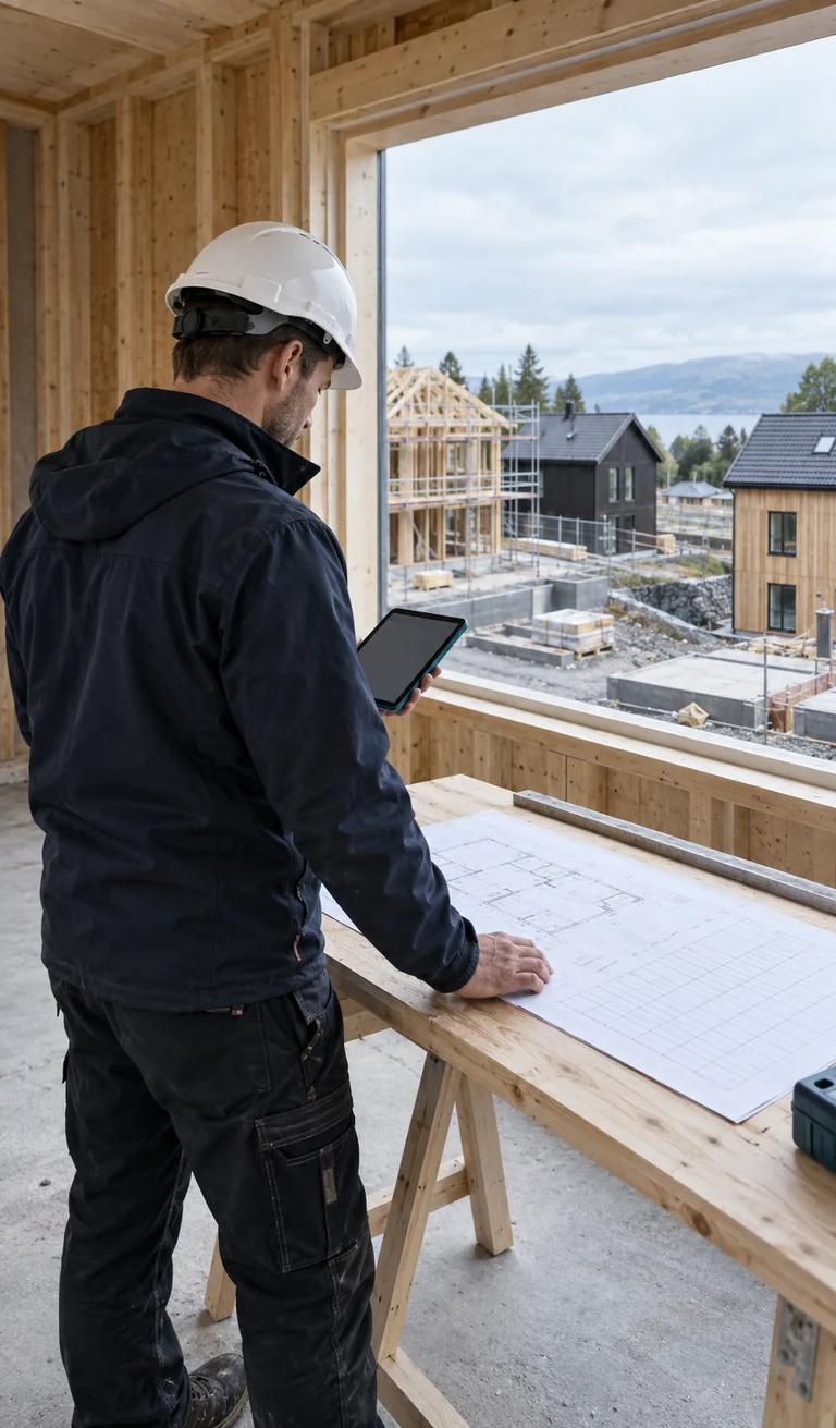 Illustrasjon av en teknisk rådgiver som sammenholder prosjektdokumentasjon med synlig fremdrift på en norsk byggeplass.