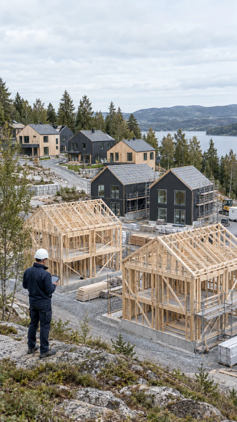 Illustrasjon av et norsk boligfelt med boliger i ulike byggefaser og en rådgiver som følger opp kontrollen.
