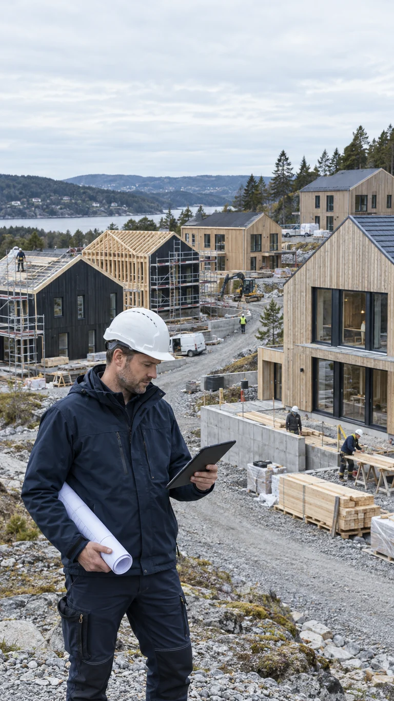 Illustrasjon av en prosjektleder som vurderer et norsk boligprosjekt med nettbrett og tegninger.