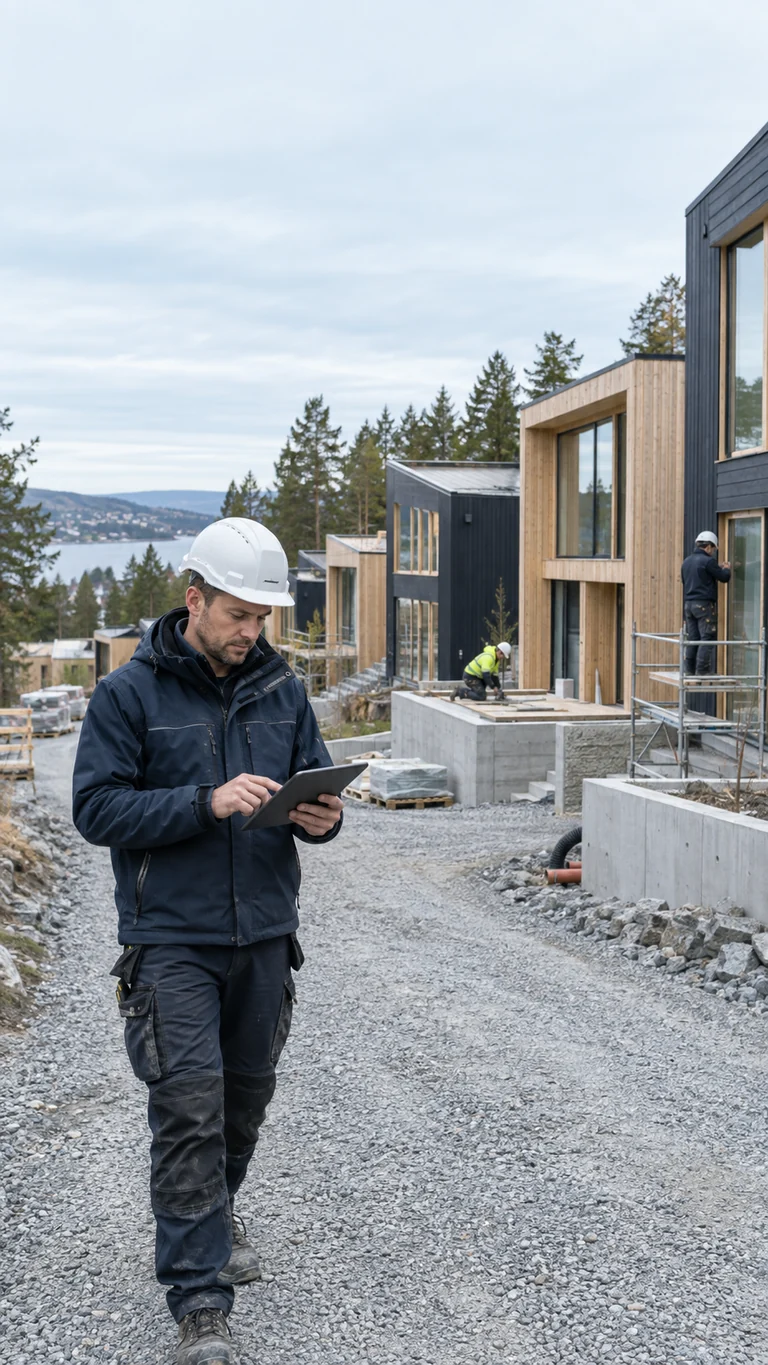 Illustrasjon av en prosjektleder som følger opp et organisert boligprosjekt nær ferdigstillelse.
